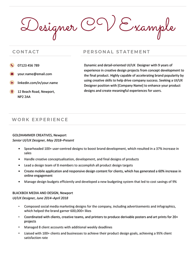 The first page of a designer CV example with a burgundy font for the header and four left-aligned icons showing the applicant's contact information, including their address, email, phone number, and LinkedIn profile