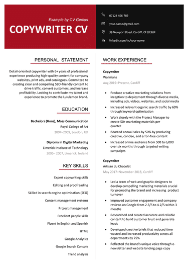 The first page of a two-column copywriter CV with a red and black header over the applicant's personal statement, education, key skills, and work experience sections