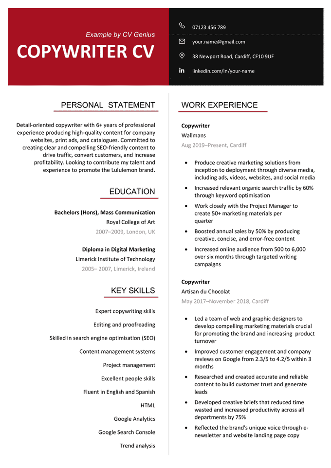 The first page of a two-column copywriter CV with a red and black header over the applicant's personal statement, education, key skills, and work experience sections