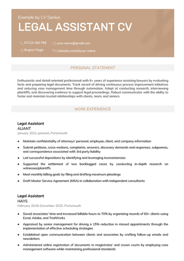 A legal assistant CV example effectively highlighting the candidate's work experience and personal statement