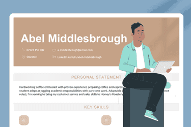 A man smiles down at his laptop as he finishes describing himself on his CV