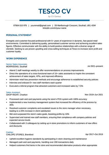 The first page of a Tesco CV example with blue header text and sections for the applicant's contact information, personal statement, and work experience