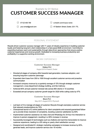 A green customer success manager CV with the applicant's contact information, personal statement, work experience, education, skills, and hobbies and interests