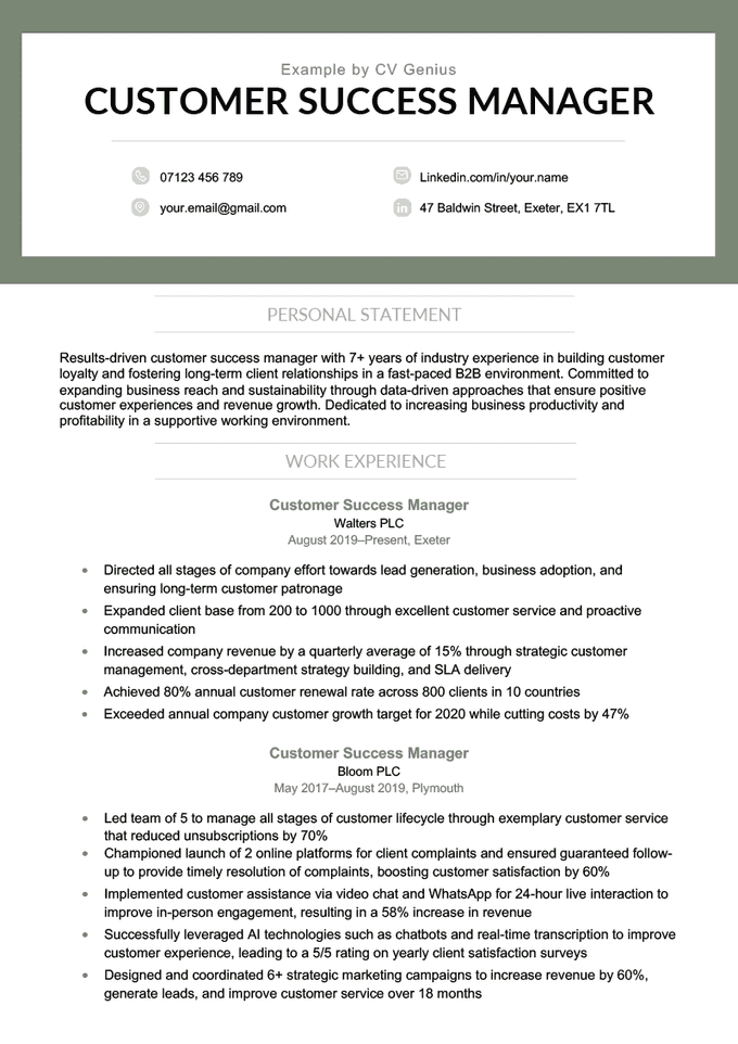 A green customer success manager CV with the applicant's contact information, personal statement, work experience, education, skills, and hobbies and interests