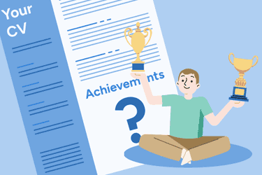 A cartoon person sits cross-legged next to a large CV and holds trophies in each hand. The CV has a large question mark where the CV achievements should go.