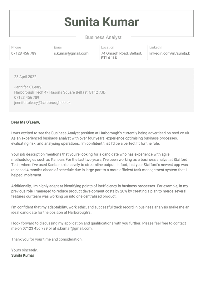 simple cover letter template with a centered, boxed-in header, gray background for the recipient's contact details, standard letter layout