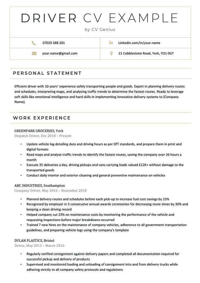 The first page of a driver CV example with green headings and sections for the applicant's contact information, personal statement, and work experience
