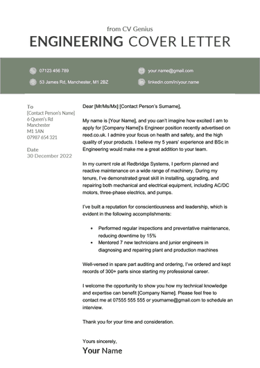 An engineering cover letter example that uses a green background for the applicant's contact information