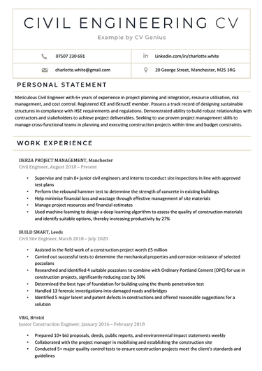The first page of a civil engineering CV example with blue text and a table in the header for contact information, followed by the applicant's personal statement and work experience
