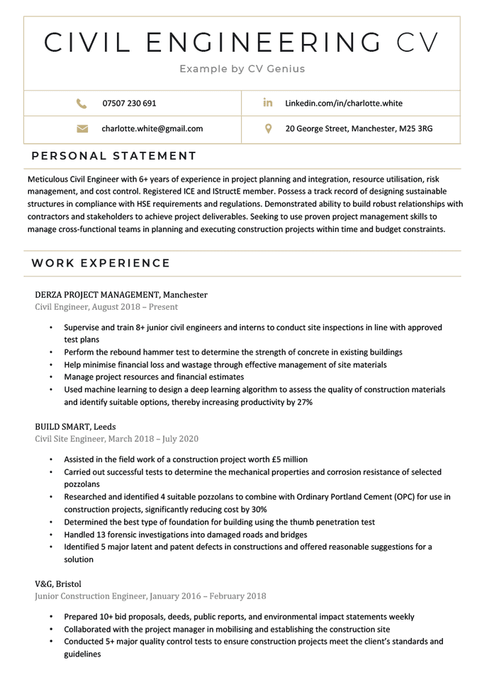 The first page of a civil engineering CV example with blue text and a table in the header for contact information, followed by the applicant's personal statement and work experience