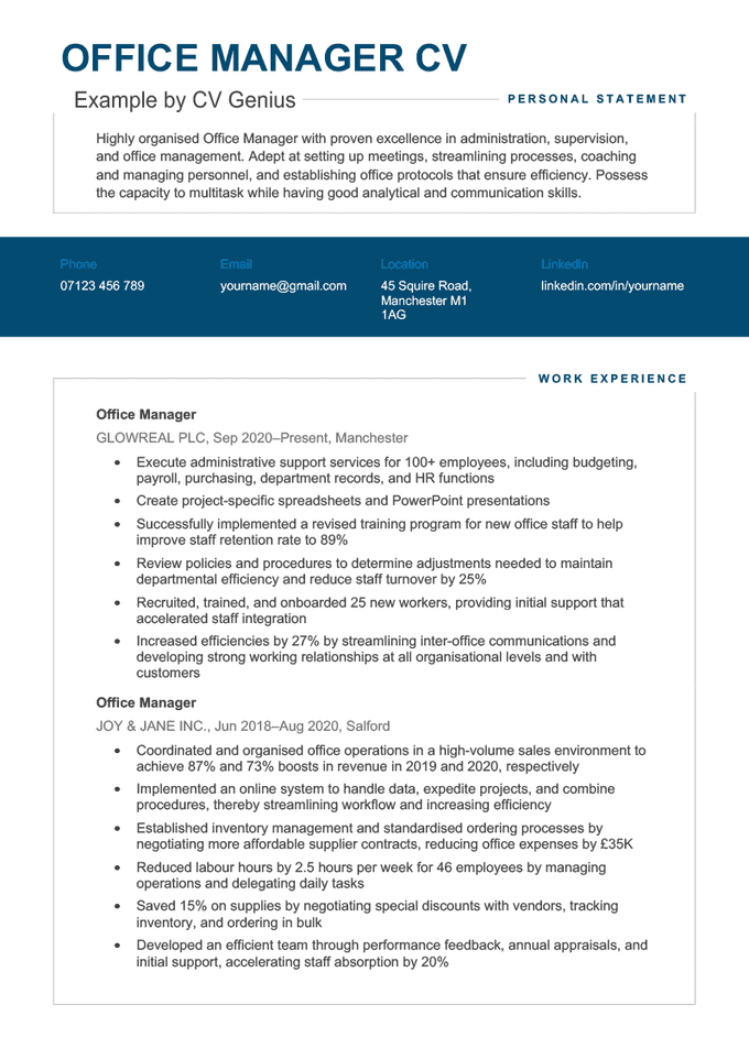 The first page of an office manager CV example with a blue header and sections for the applicant's personal statement, contact information, and work experience