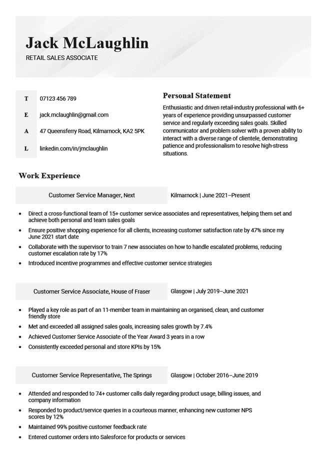 simple and basic CV template, black left-aligned header, experience section broken into blocked headings, page 1