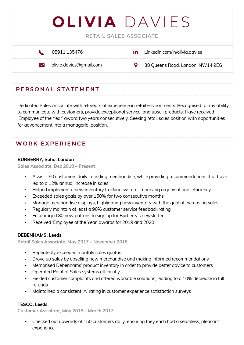 Contemporary CV Template in burgundy