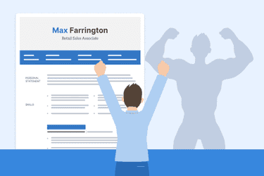 A cartoon person flexing next to a CV to represent the idea of putting strengths on a CV