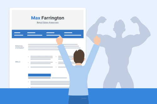 A cartoon person flexing next to a CV to represent the idea of putting strengths on a CV