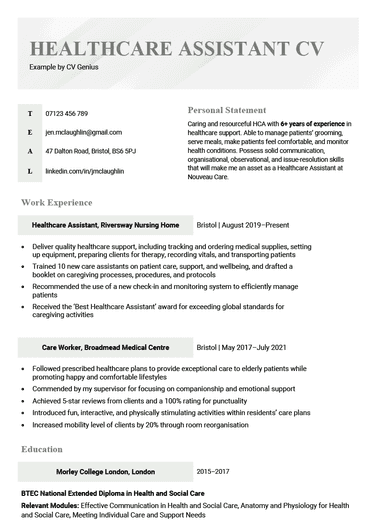 A health care assistant CV example