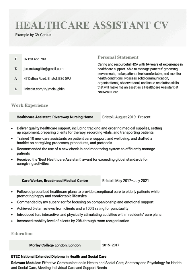 A health care assistant CV example