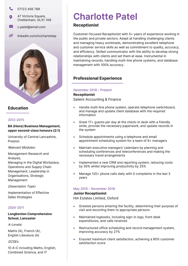 Violet version of the Hebrides CV template