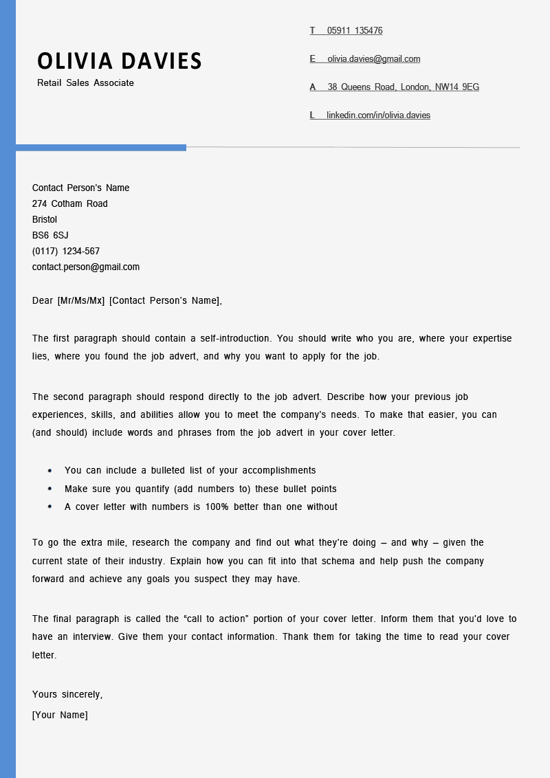 Cover Letter Template for UK: Berkshire, Blue