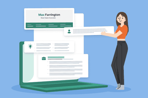 A cartoon person putting together various parts of a large CV outline.