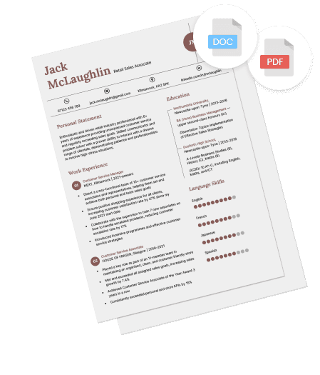 An example of a CV available for download in PDF or Word Doc format