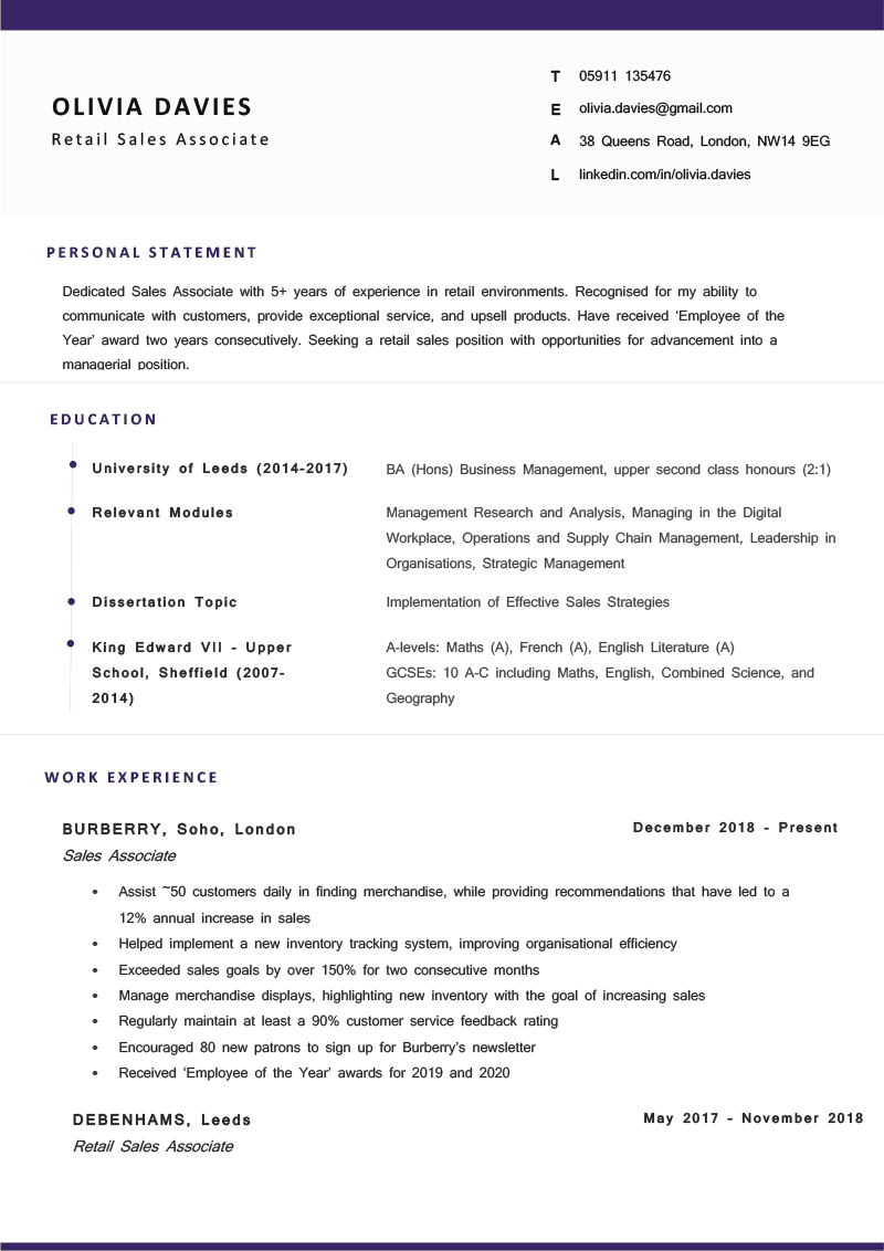 The Cambridge CV Template in purple