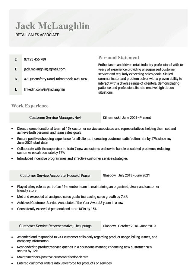 simple and basic CV template, green left-aligned header, experience section broken into blocked headings, page 1