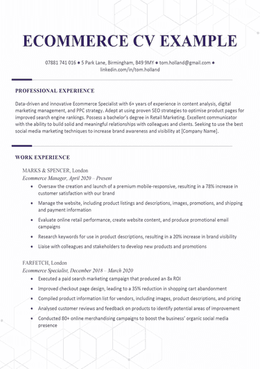 The first page of a purple ecommerce CV example with the applicant's contact information, personal statement, and two work experiences
