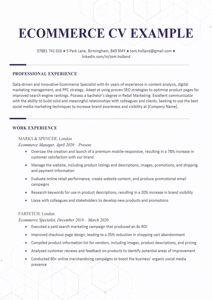 The first page of a purple ecommerce CV example with the applicant's contact information, personal statement, and two work experiences