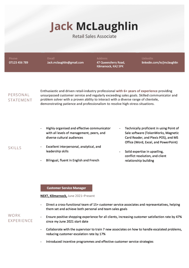 simple and basic CV template with a centered title and maroon banner for contact details, plus space for skills and work experience, page 1