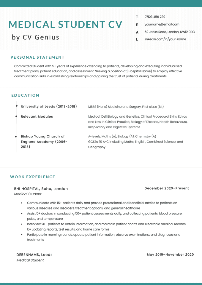 The first page of a medical student CV example on a template with blue headers and black bullet points to highlight the applicant's education section