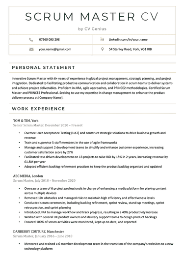 The first page of a scrum master CV example with green header text and sections for the applicant's contact information, personal statement, and work experience