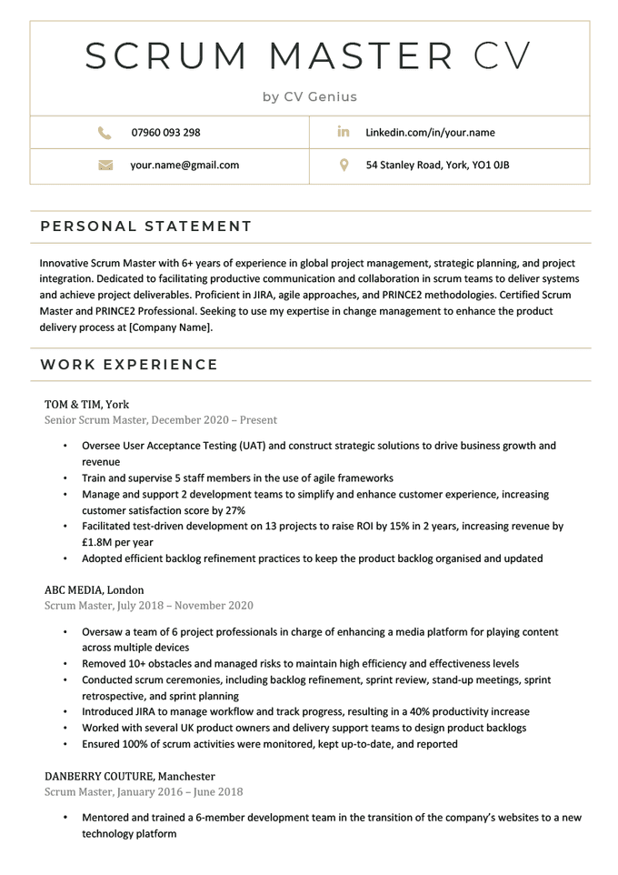 The first page of a scrum master CV example with green header text and sections for the applicant's contact information, personal statement, and work experience