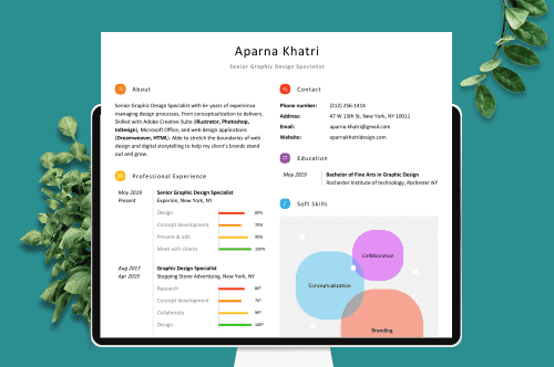 A skills-based colourful CV with a pretty background for CV design page