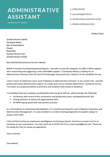 An administrative assistant cover letter example with a maroon header to make the applicant's name stand out