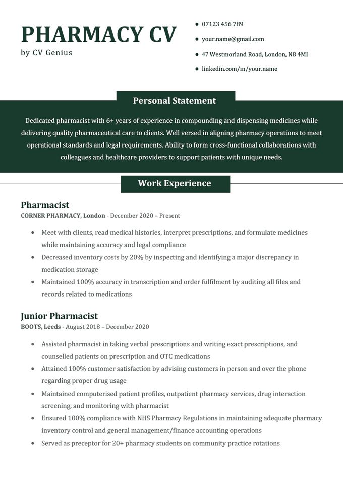 A pharmacy CV example