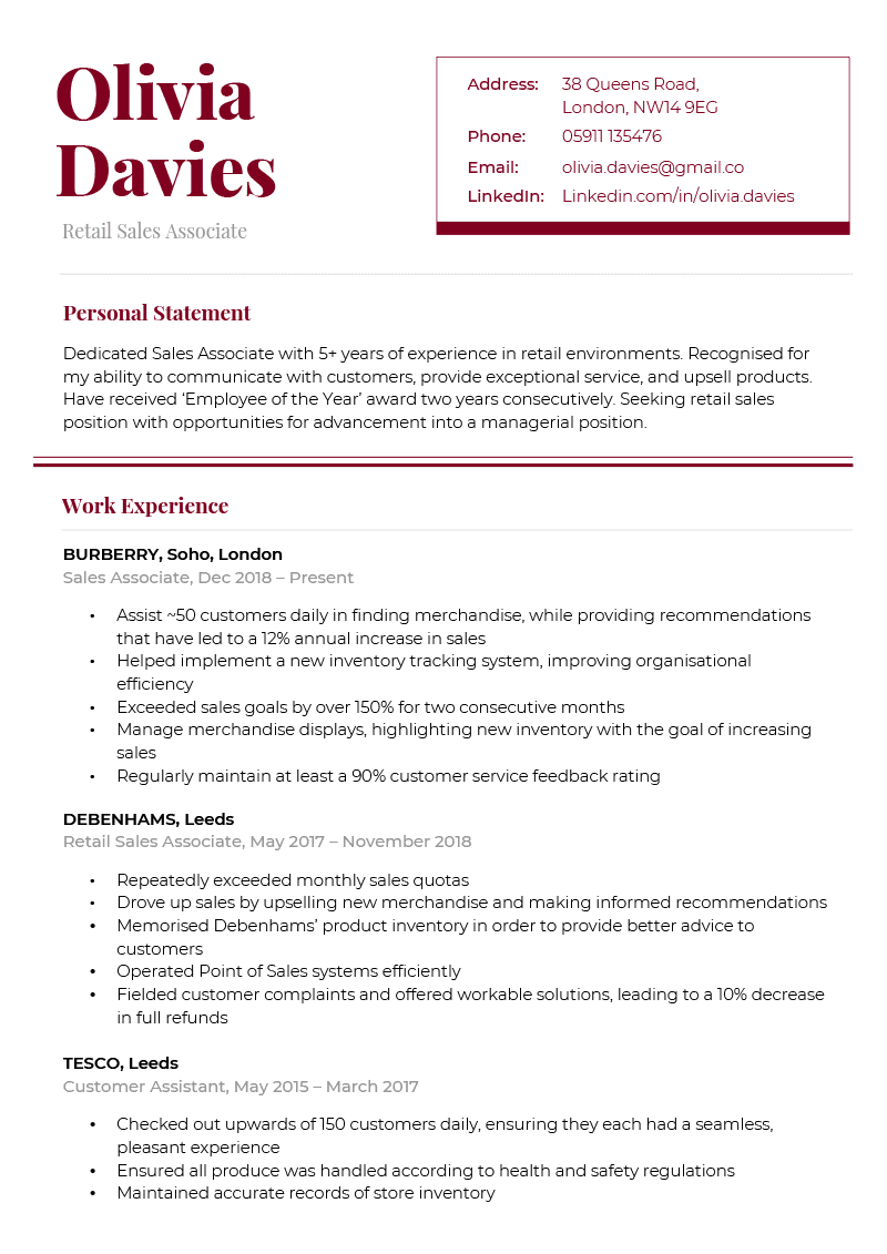The Refined CV Template in burgundy