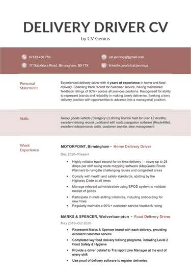 A delivery driver CV on a red and black template