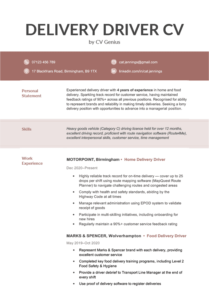 A delivery driver CV on a red and black template