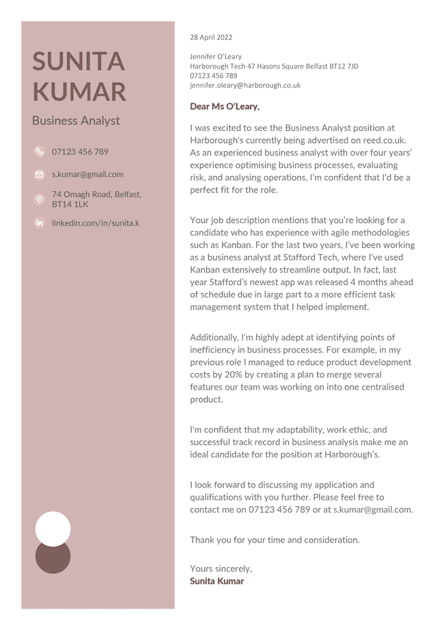 non-traditional cover letter template with a maroon sidebar for the writer's contact information, all other information in the right column