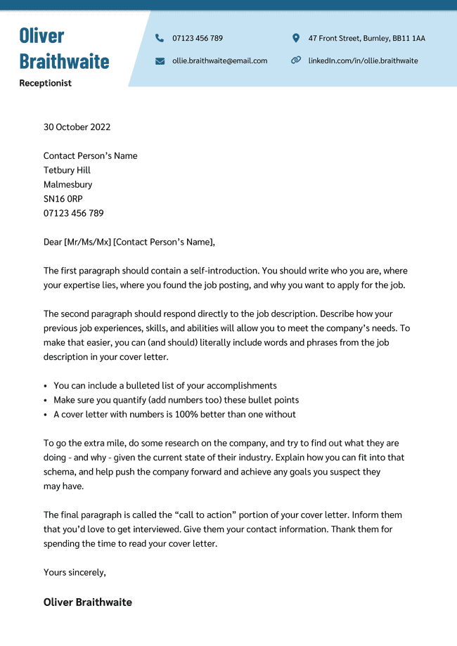 Cover Letter Template for UK: Snowdonia, Blue