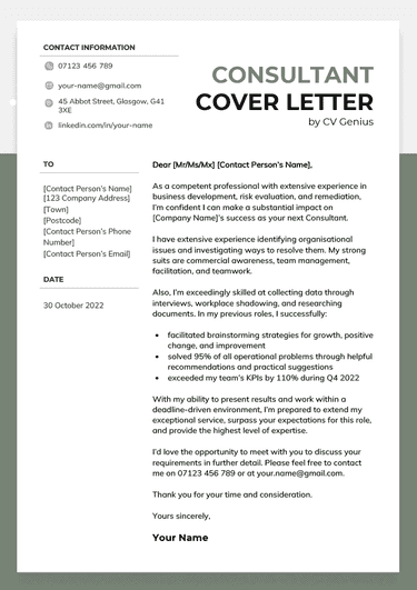 A consultant cover letter example on a green and black template with left-aligned sections for the applicant's contact information and the current date, followed by a right-aligned section for the applicant's description of their skills and experience