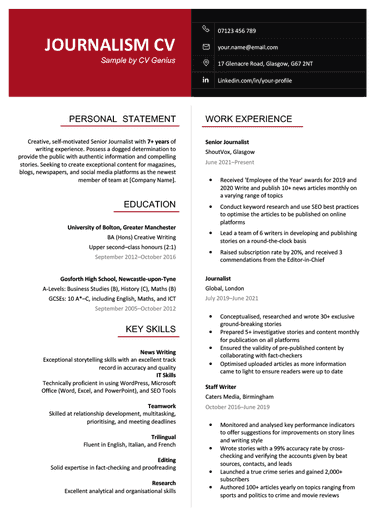 The first page of a journalism CV with a red and black header to highlight the applicant's name and contact information, and their work experience, education, and skills arranged in two columns