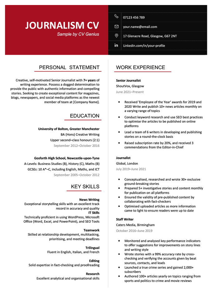 The first page of a journalism CV with a red and black header to highlight the applicant's name and contact information, and their work experience, education, and skills arranged in two columns