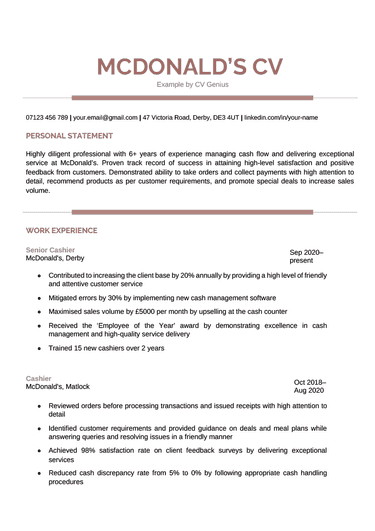 A McDonald's CV example using a modern template and with the candidate's name highlighted in red