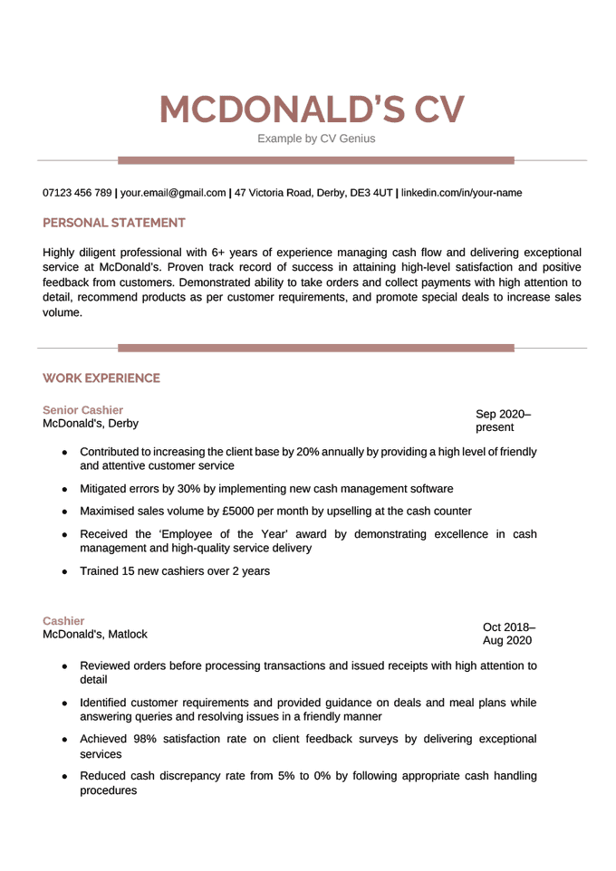A McDonald's CV example using a modern template and with the candidate's name highlighted in red
