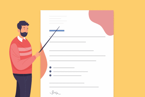 Cover letter tips featured image with a cartoon person tapping a cover letter with a pointer