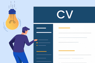 A cartoon of a man with a lightbulb over his head pointing at a CV to illustrate CV writing tips