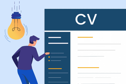 A cartoon of a man with a lightbulb over his head pointing at a CV to illustrate CV writing tips