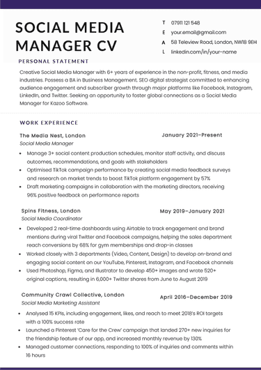 Social media manager CV example